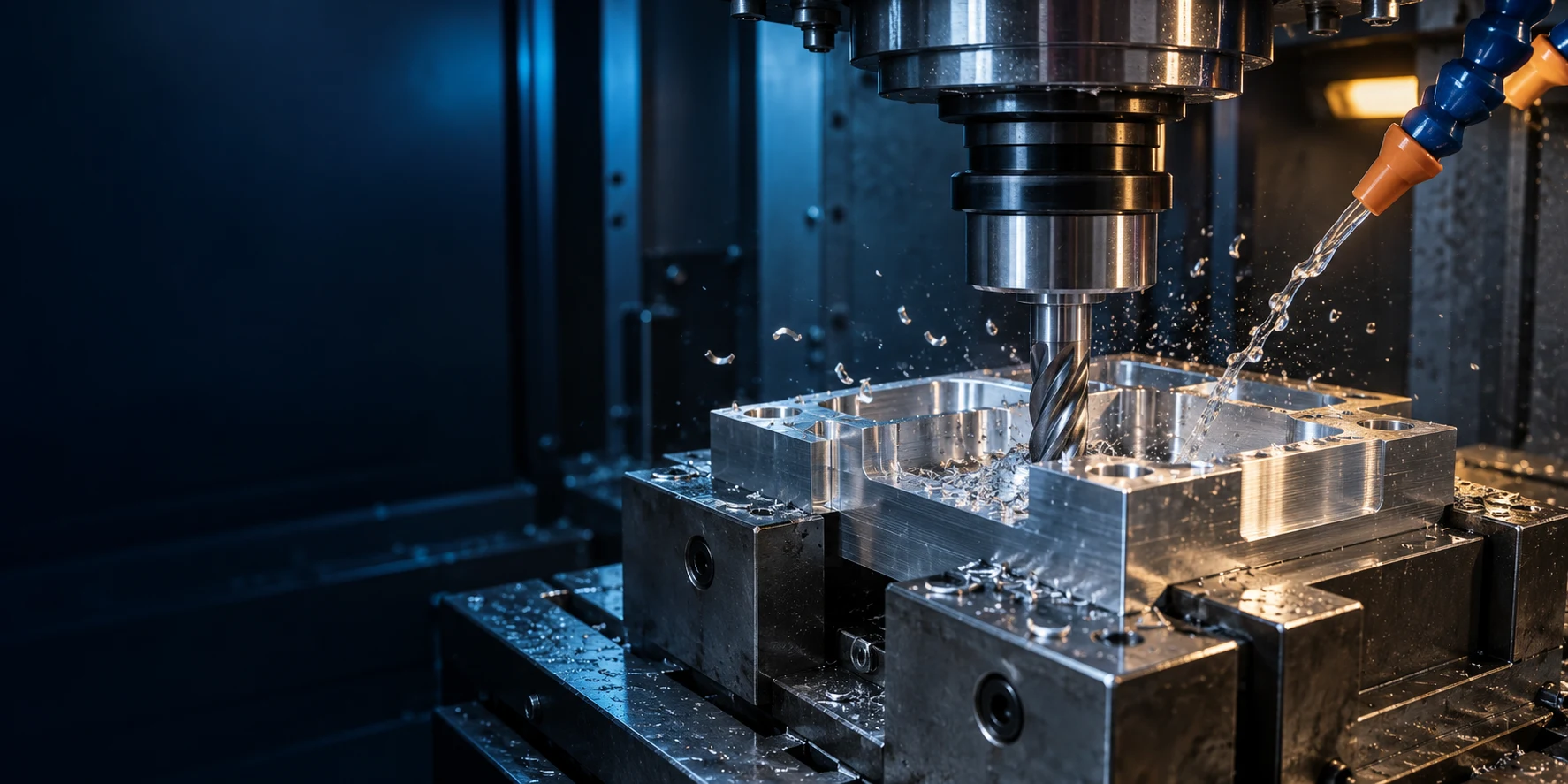 CNC machining visual study with a cutting tool, metal component and coolant