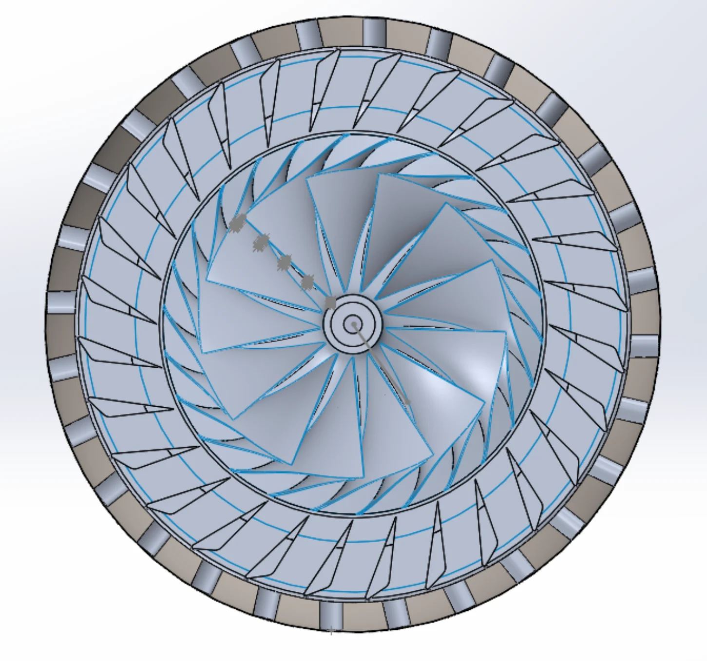 Founder-supplied CAD screenshot showing a centrifugal compressor and surrounding diffuser geometry