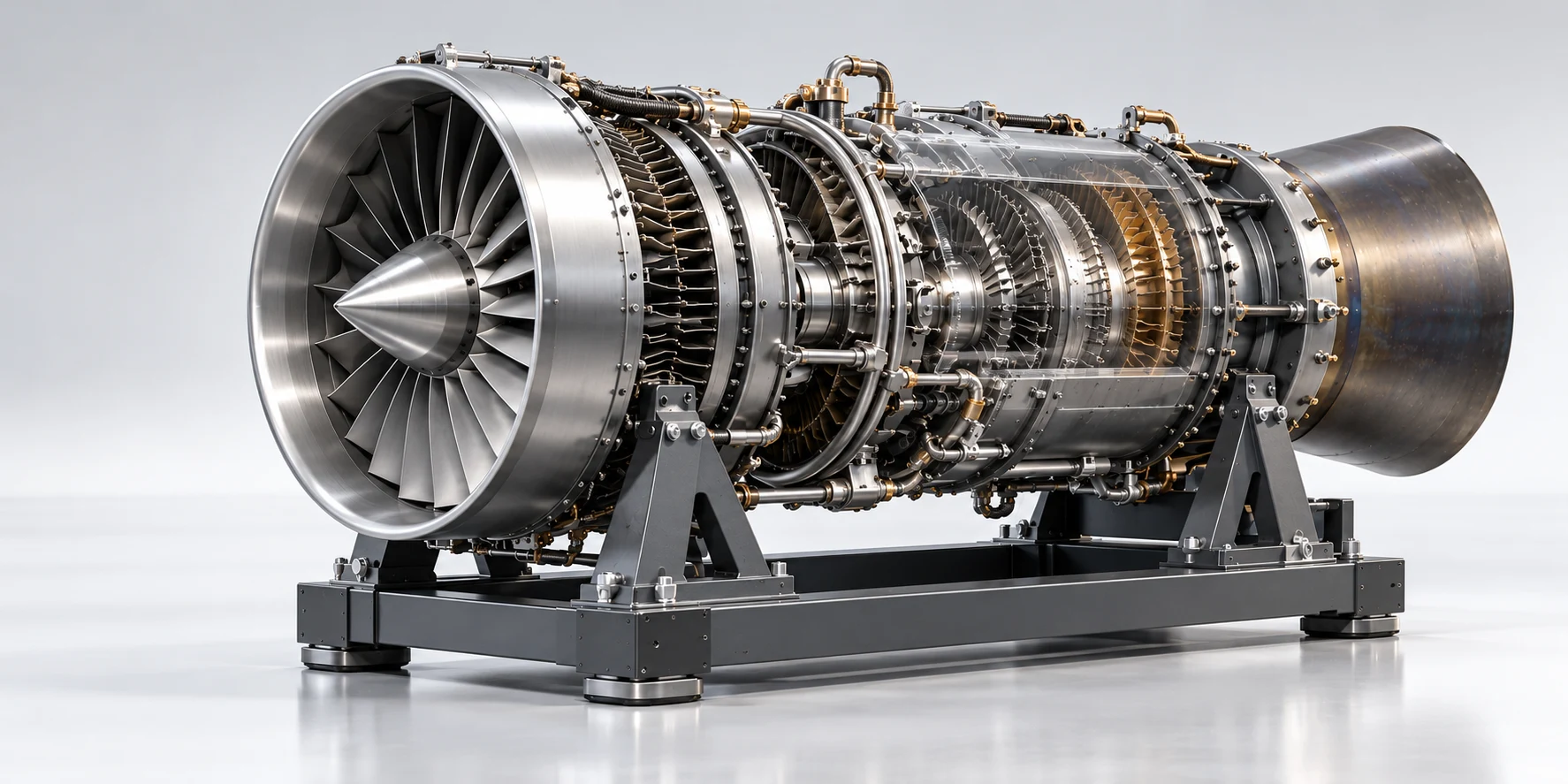 Detailed gas turbine concept render with partly transparent casing and visible internal stages