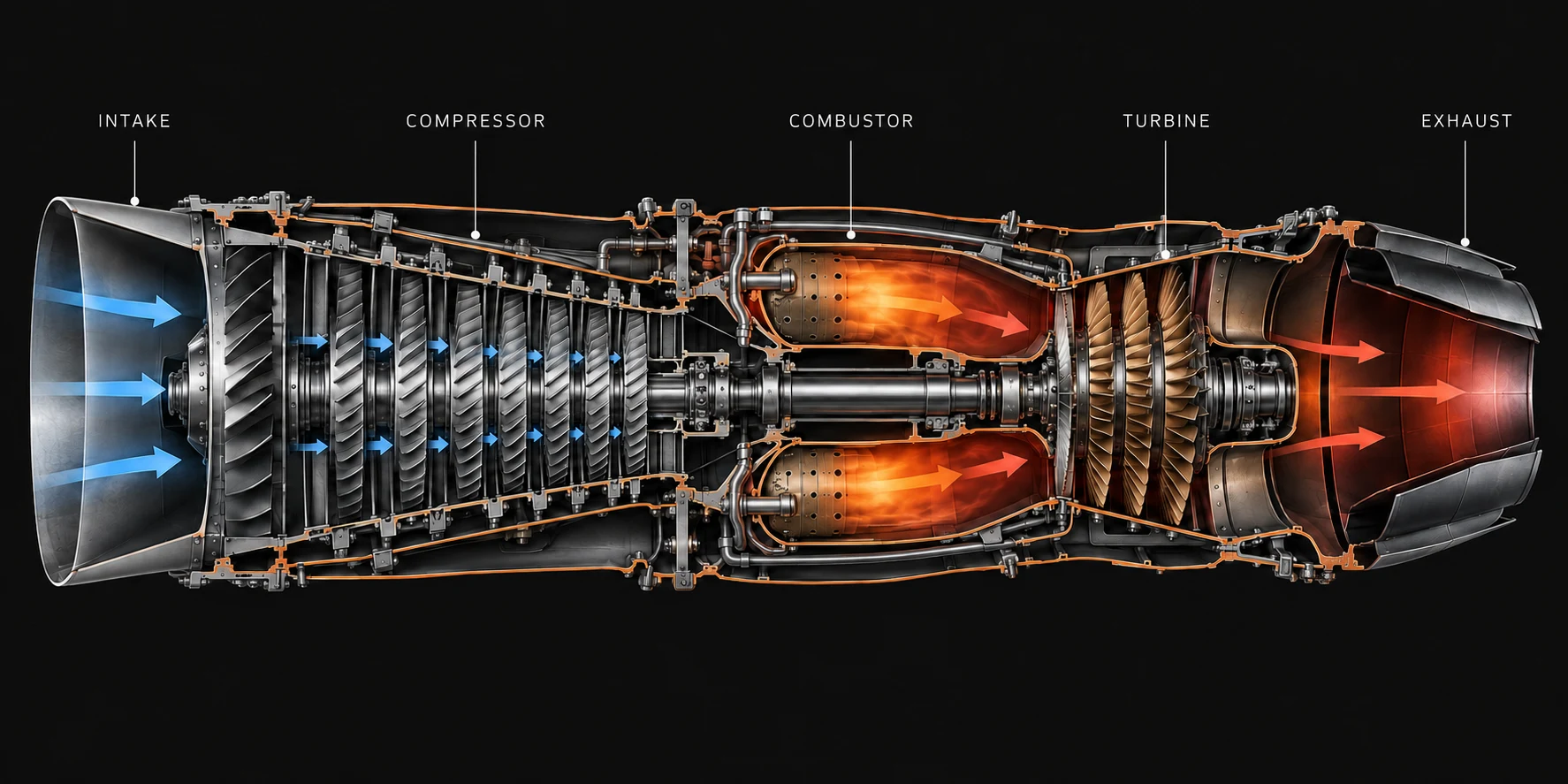Illustrative engine cutaway showing compressor, combustor, turbine and exhaust
